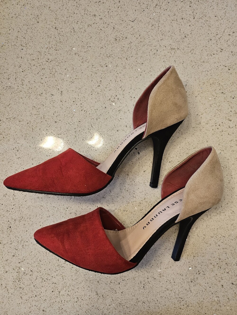 Chinese Laundry Two-Tone Red and Beige Pointed D'Orsay Heels